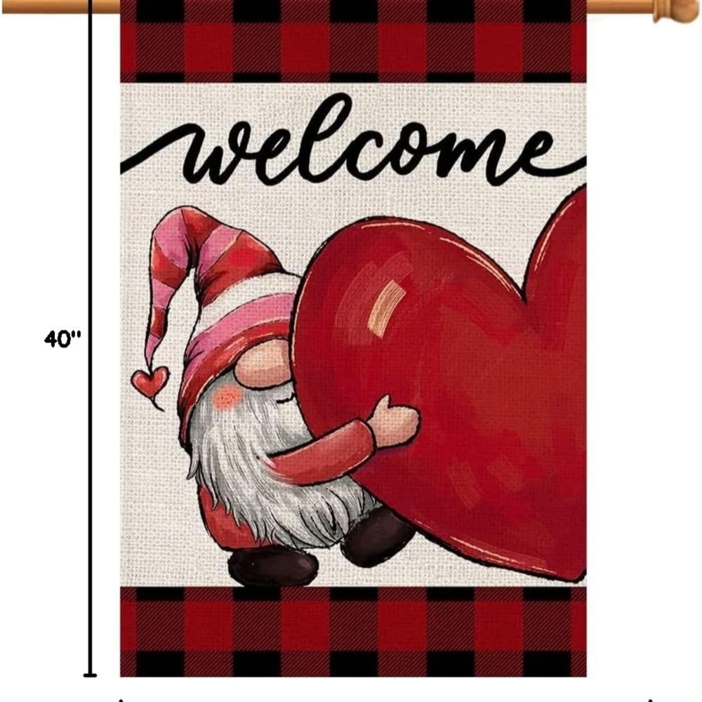 Welcome Gnome Garden Flag with Red Heart